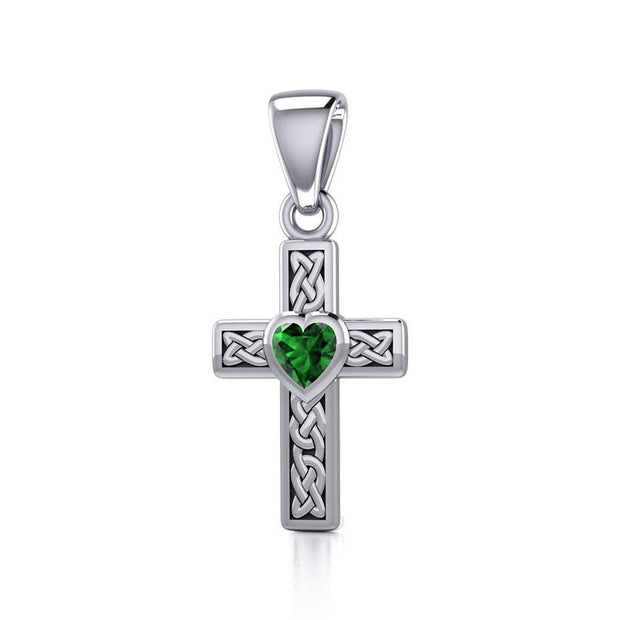 Celtic Cross Silver Pendant with Heart Gemstone TPD5347