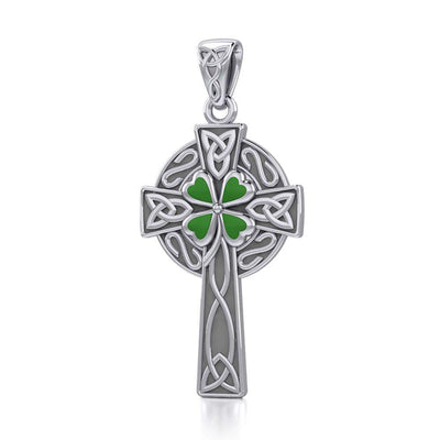 Silver Celtic Cross with Enamel Clover Pendant TPD5358