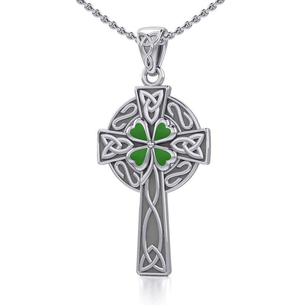 Silver Celtic Cross with Enamel Clover Pendant TPD5358