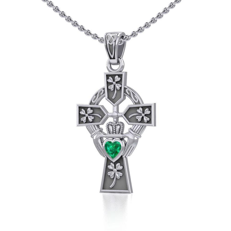 Claddagh Celtic Cross with Lucky Four Leaf Clover Silver Pendant TPD5359