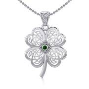 Lucky Celtic Four Leaf Clover Silver Pendant with Gemstone TPD5373