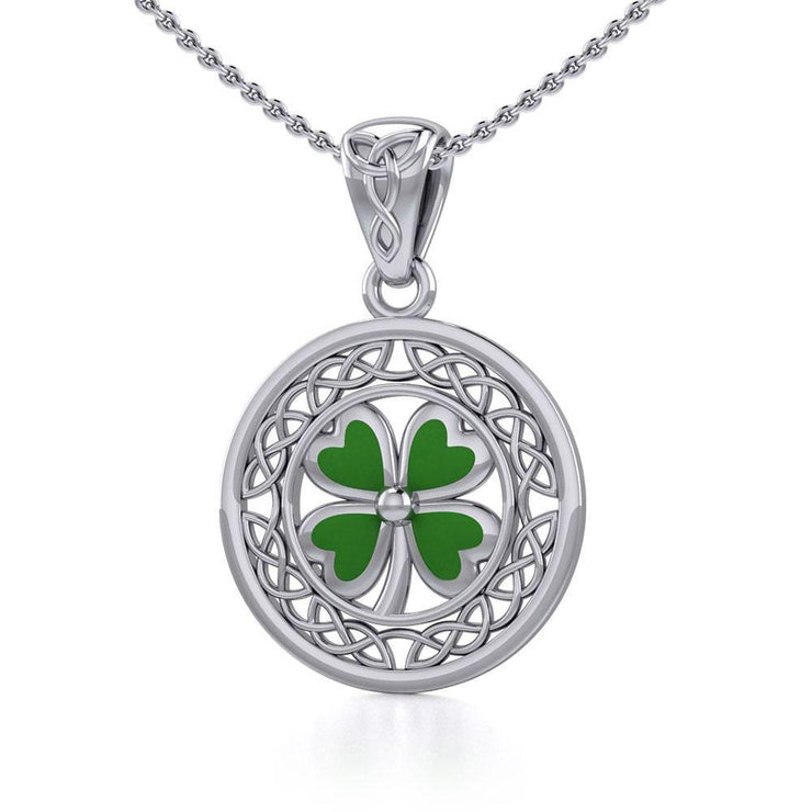 Lucky Celtic Four Leaf Clover Silver Pendant with Enamel TPD5374