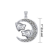 Double Wolf Heads with Celtic Crescent Moon Silver Pendant TPD5424 Pendant