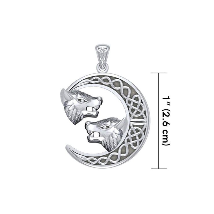 Double Wolf Heads with Celtic Crescent Moon Silver Pendant TPD5424