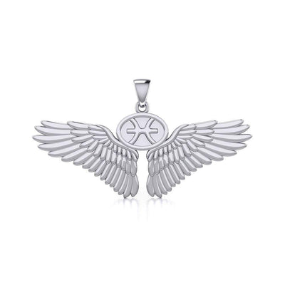 Guardian Angel Wings Silver Pendant with Pisces Zodiac Sign TPD5514