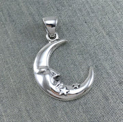 Crescent Moon Face with Stars Silver Pendant TPD5642