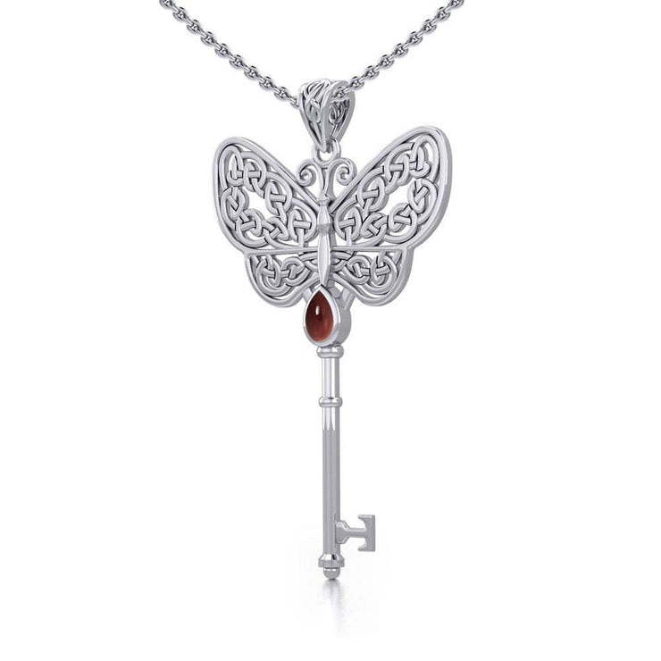 Celtic Butterfly Spiritual Enchantment Key Silver Pendant with Gem TPD5686