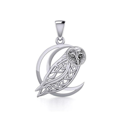 Celtic Owl on Crescent Moon Silver Pendant TPD5714