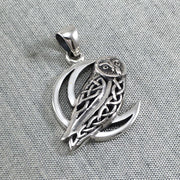 Celtic Owl on Crescent Moon Silver Pendant TPD5714