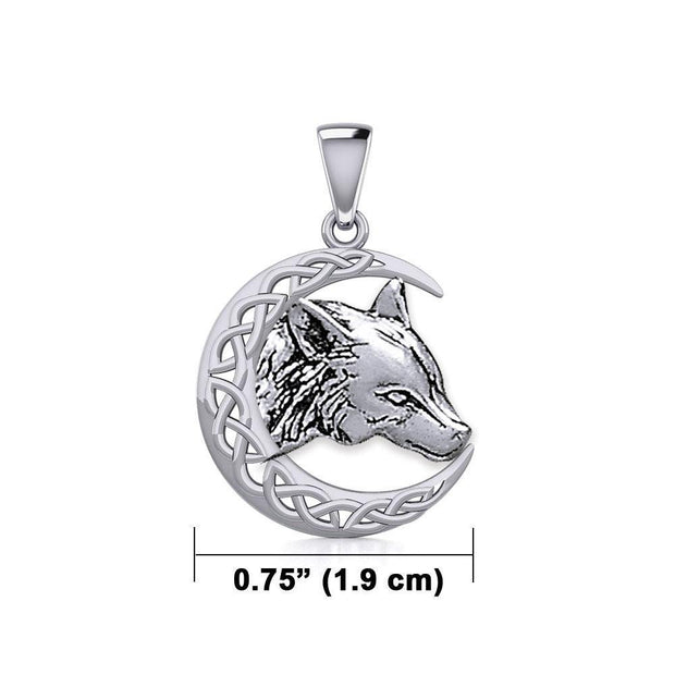 Wolf with Celtic Crescent Moon Silver Pendant TPD5726