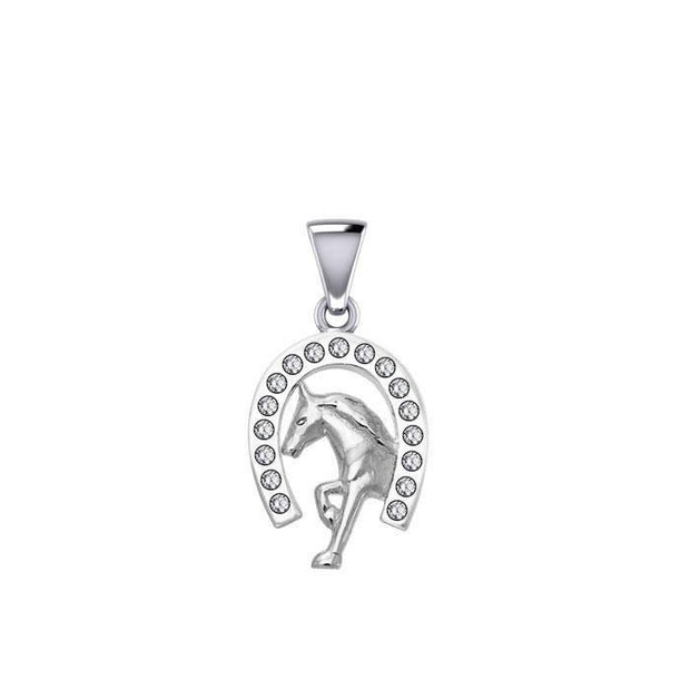 Horseshoe and Running Horse with Gems Silver Pendant TPD5761