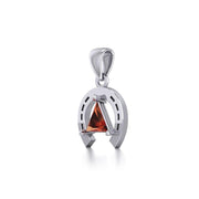 Horseshoe Equestrian Silver Pendant with Triangle Gemstone TPD5805