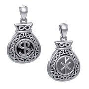 Celtic Infinity Money Bag with Wealth and Prosperity Bind Rune Silver Pendant TPD5962