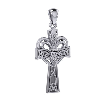 A powerful combination of Celtic elements ~ Sterling Silver Jewelry Pendant in Fleur-de-Lis and Celtic Cross TPD5994
