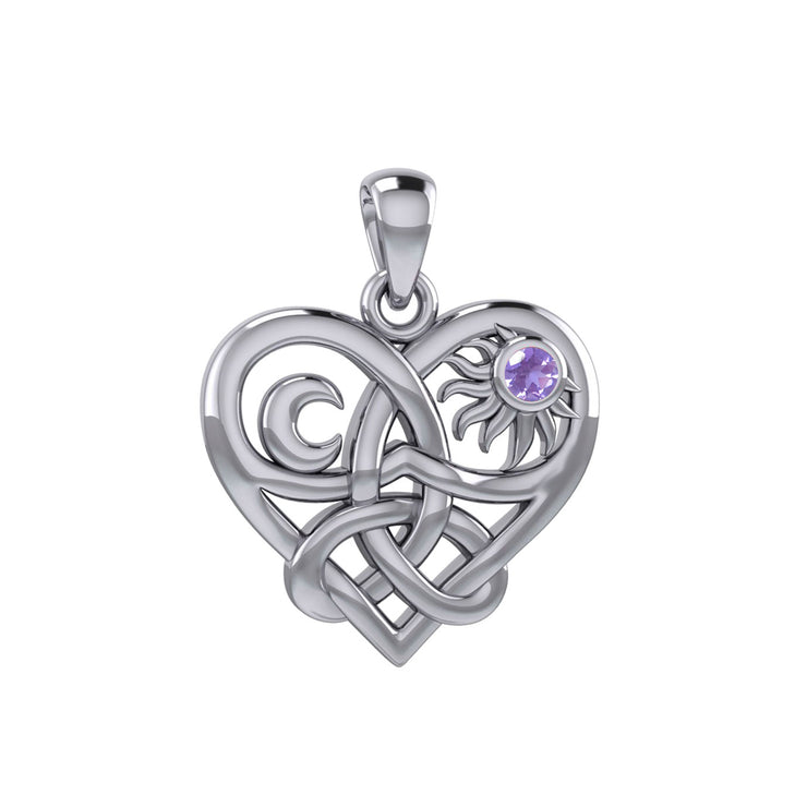 Celtic Trinity Heart with Sun and Moon Silver Pendant with Gemstone TPD6026
