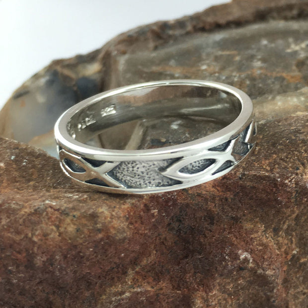 Ichthus Christian Fish Silver Band Ring TR1041