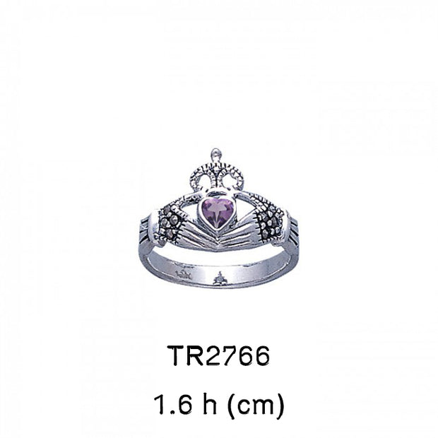 The love worth living for ~ Celtic Knotwork Claddagh Sterling Silver Ring with Marcasite Gemstone TR2766
