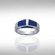 Modern Rectangle Inlaid Silver Ring with Side Motif TR3370