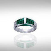 Modern Rectangle Inlaid Silver Ring with Side Motif TR3370