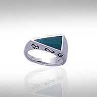 Modern Triangle Inlaid Silver Ring with Side Motif TR3372