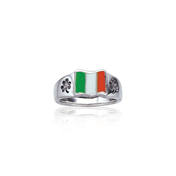 Irish Flag Celtic Shamrock Silver Ring TR3774