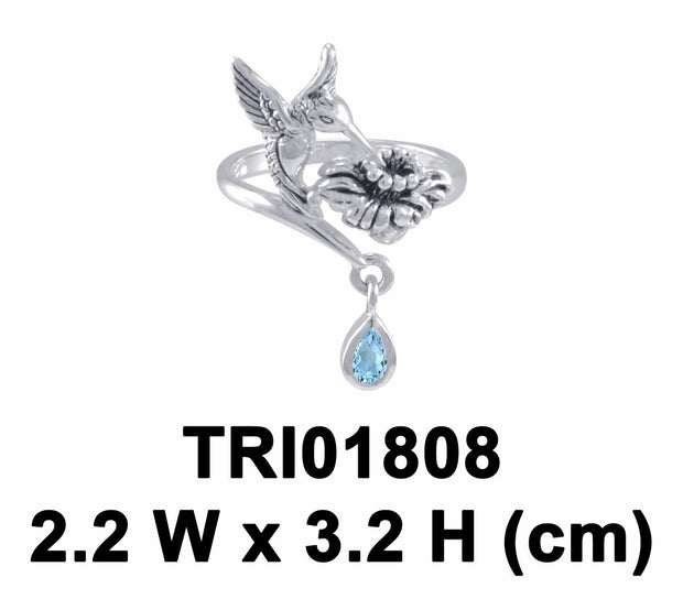 Silver Flying Hummingbird with Dangling Gemstone Flower Ring TRI1808