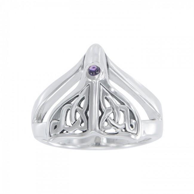 Celtic Knot Whale Tail Gemstone Silver Ring TRI040