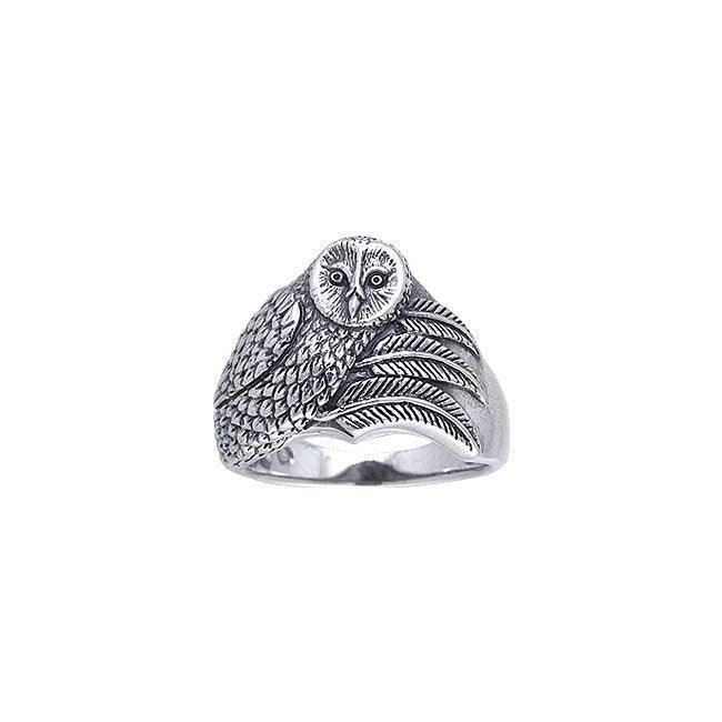 Owl Animal Charm Knowledge Men's Large Ring in .925 Sterling Silver - Size outlet 12