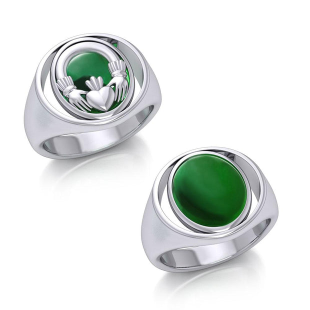 Irish Claddagh Silver Flip Ring with Emerald Glass TRI154