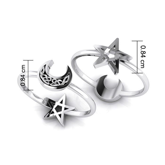 A spark of the beautiful beginning ~ Celtic Crescent Moon and Star Sterling Silver Ring TRI1681