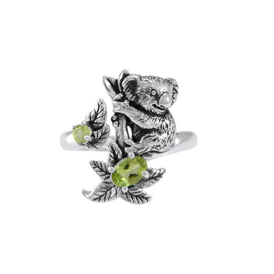 Koala Bear with Gemstone Flower Silver Ring TRI1819