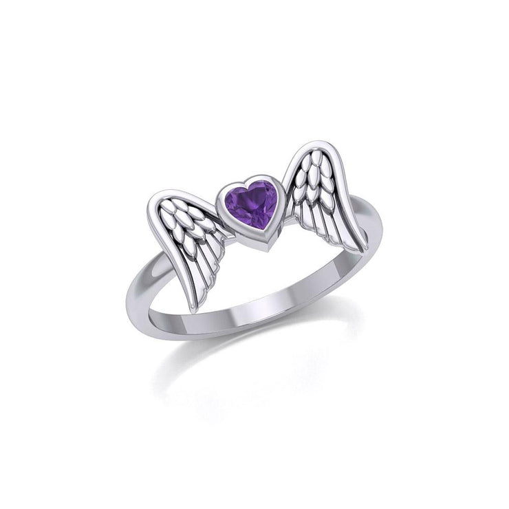 Heart Gemstone and Double Angel Wings Silver Ring TRI1839