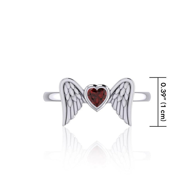 Heart Gemstone and Double Angel Wings Silver Ring TRI1839