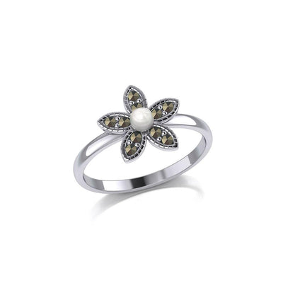 Flower with Pearl and Marcasite Silver Ring TRI1867 - Peter Stone Wholesale