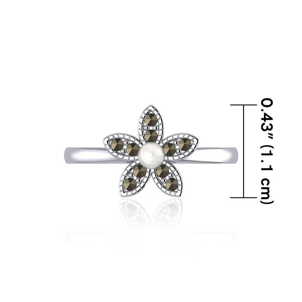 Flower with Synthetic Pearl and Marcasite Silver Ring TRI1867