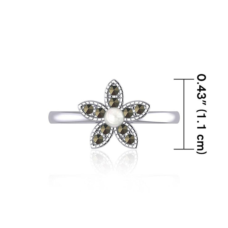 Flower with Synthetic Pearl and Marcasite Silver Ring TRI1867