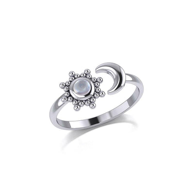 Gemstone Flower with Crescent Moon Silver Ring TRI1875