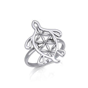 Turtle with Flower of Life Shell Silver Ring TRI1894