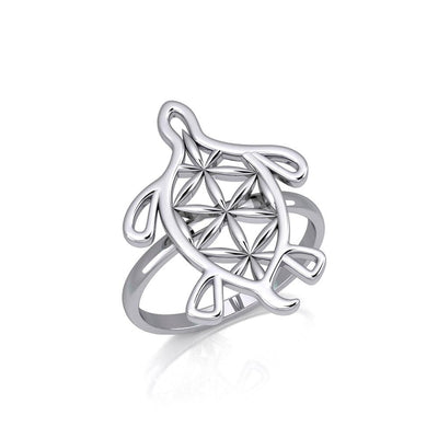 Turtle with Flower of Life Shell Silver Ring TRI1894