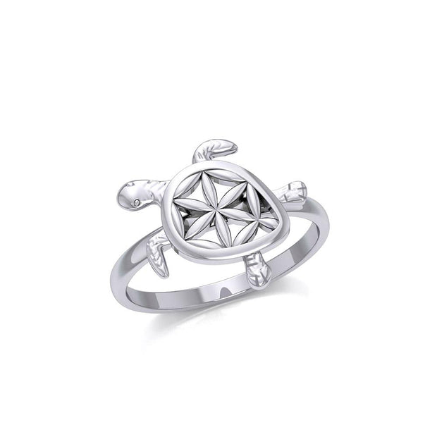 Swimming Turtle with Flower of Life Shell Silver Ring TRI1895