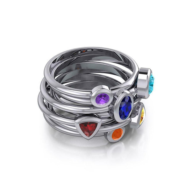 Oval Chakra Gemstone on Silver Stack Ring TRI1897