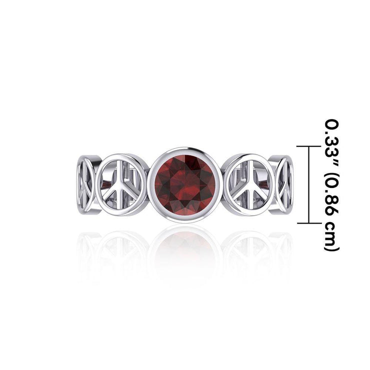Peace Symbol Silver Band Ring With Gemstone TRI1916