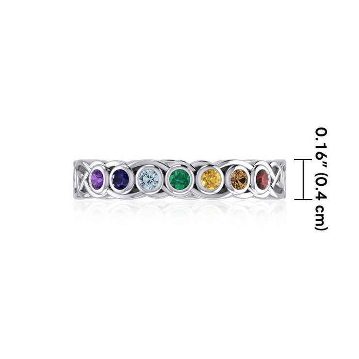 Celtic Knot Silver Band Ring with Chakra Gemstones TRI1919