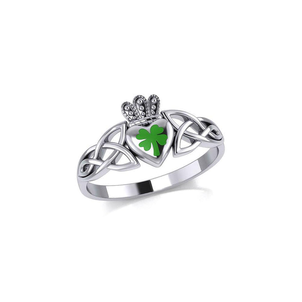 Celtic Claddagh with Lucky Four Leaf Clover Silver Ring with Enamel TRI1937