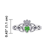 Celtic Claddagh with Lucky Four Leaf Clover Silver Ring with Enamel TRI1937