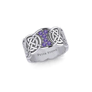 Celtic Knotwork Silver Band Ring with Gemstones TRI1949
