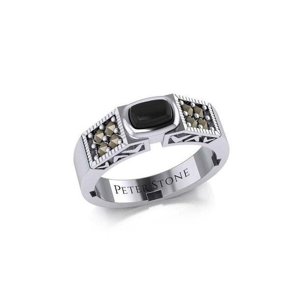 Modern Band Ring with Inlay Stone and Marcasite TRI1977