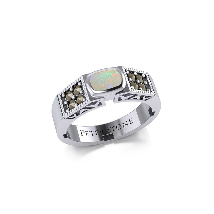 Modern Band Ring with Inlay Stone and Marcasite TRI1977