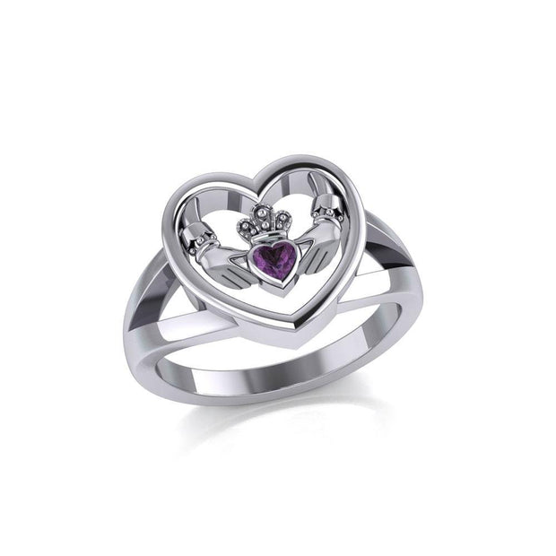 Claddagh in Heart Silver Ring with Gemstone TRI1992