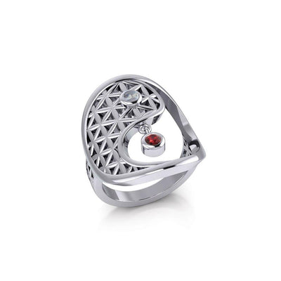 Yin Yang Flower of Life Silver Ring with Gem TRI2169